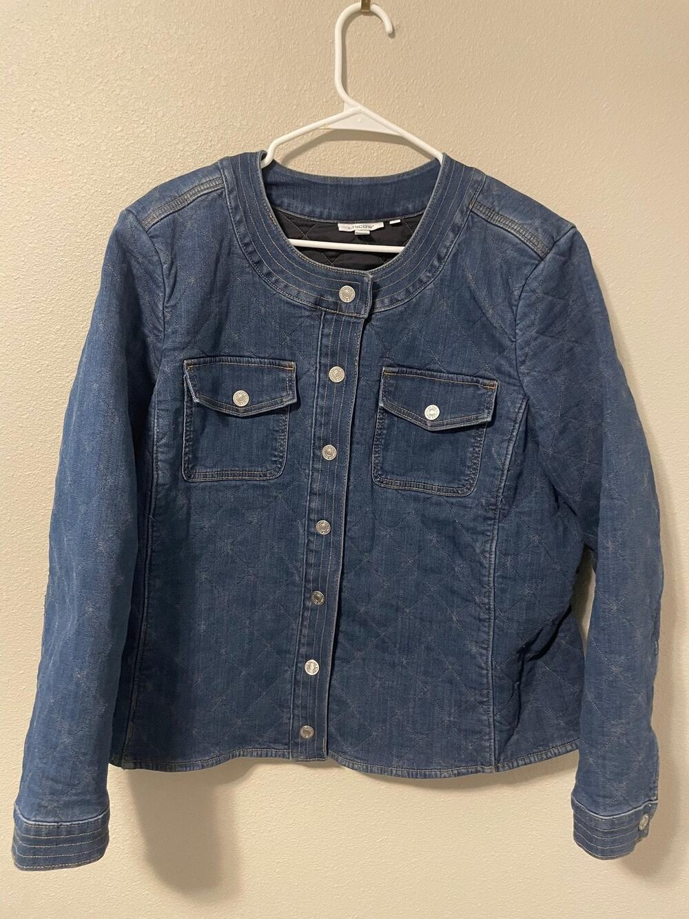 Chicos Jacket Womens 3 US XL Blue Quilted Denim Snap Front Lined Outdoor Warm